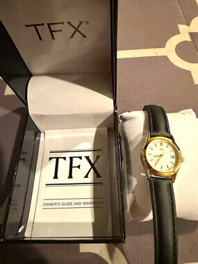 TFX 37M100 Men's Quartz Analog Watch White Dial Gold Case Black Leather Date